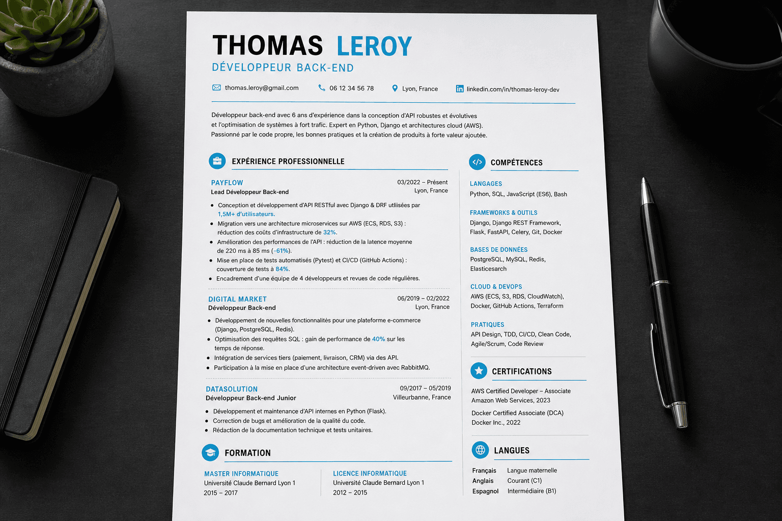 Exemple de CV optimisé ATS : sections claires, titres et mots-clés alignés recrutement