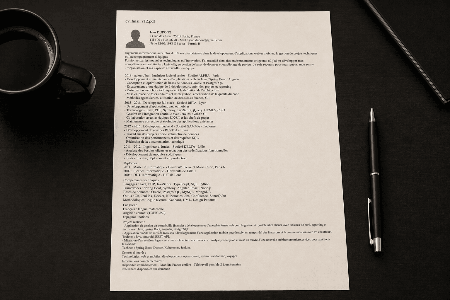 Exemple de CV peu adapté aux ATS : texte dense, structure peu lisible pour les parseurs